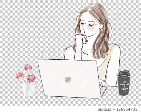 女性 PC チューリップ 花 コーヒー カフェ 女性 PC チューリップ 花 コーヒー カフェ 126954738