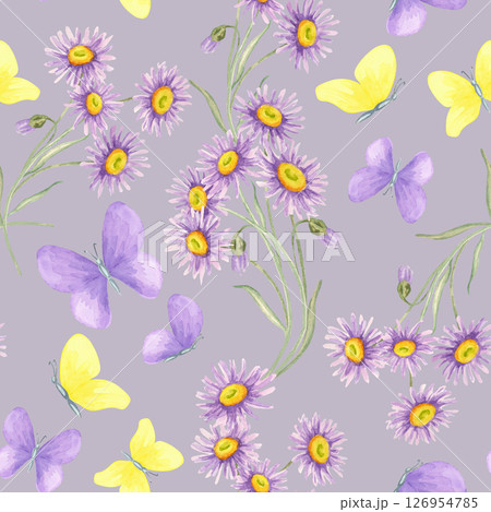 Large asters with soft violet petals and yellow centers mixed with flying butterflies in a watercolor seamless pattern. Wildflowers and insects clipart Excellent for fabric, paper, or gift wrap 126954785