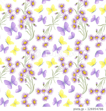 Violet and yellow butterflies flutter among asters in this watercolor seamless pattern. Wildflowers and insects clipart Perfect for spring wrapping, planner pages, or kids textile prints 126954786