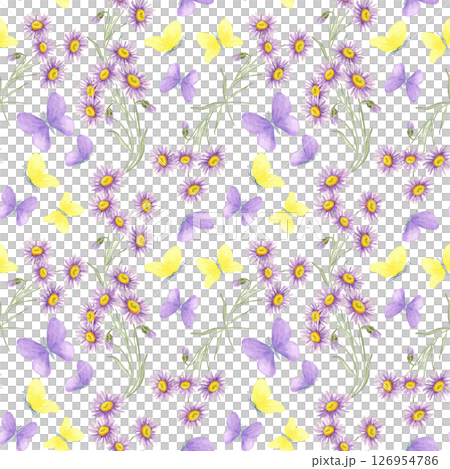 Violet and yellow butterflies flutter among asters in this watercolor seamless pattern. Wildflowers and insects clipart Perfect for spring wrapping, planner pages, or kids textile prints 126954786