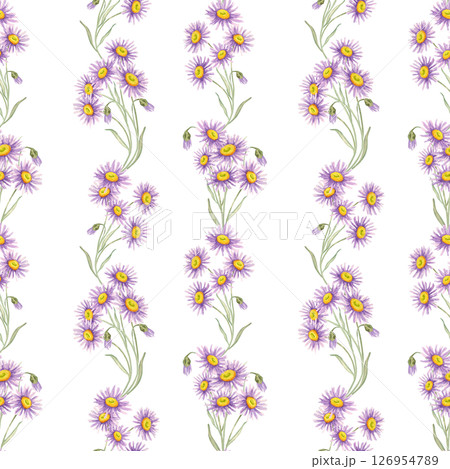 Single aster stems repeat vertically on watercolor seamless pattern with soft green leaves. Wildflower clipart Use for wallpaper, stationery, notebook covers, or fashion accessories Single aster stems repeat vertically on watercolor seamless pattern with soft green leaves. Wildflower clipart Use for wallpaper, stationery, notebook covers, or fashion accessories 126954789