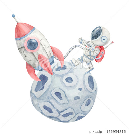 Red rocket with gray details launching from a cratered blue rock as astronaut climbs aboard in watercolor clipart. Space illustration Ideal for childrens merchandise, printables, or learning charts Red rocket with gray details launching from a cratered blue rock as astronaut climbs aboard in watercolor clipart. Space illustration Ideal for childrens merchandise, printables, or learning charts 126954816