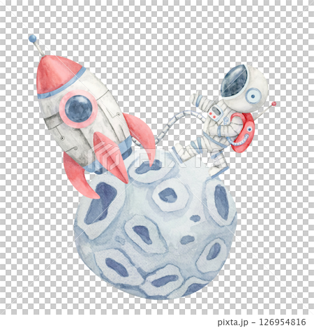 Red rocket with gray details launching from a cratered blue rock as astronaut climbs aboard in watercolor clipart. Space illustration Ideal for childrens merchandise, printables, or learning charts Red rocket with gray details launching from a cratered blue rock as astronaut climbs aboard in watercolor clipart. Space illustration Ideal for childrens merchandise, printables, or learning charts 126954816