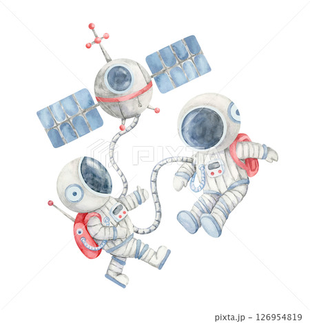 Watercolor illustration of two astronauts in white suits floating near a gray satellite with blue solar panels. Space clipart. Perfect for science-themed products, puzzles, and kids book covers 126954819