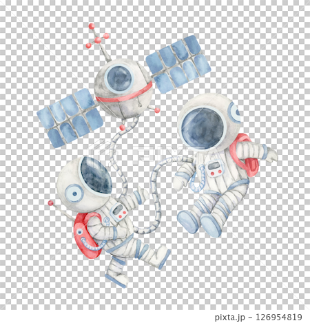 Watercolor illustration of two astronauts in white suits floating near a gray satellite with blue solar panels. Space clipart. Perfect for science-themed products, puzzles, and kids book covers 126954819