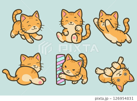 Cute Cartoon Cats Playing in Various Poses - Vector Illustration 126954831