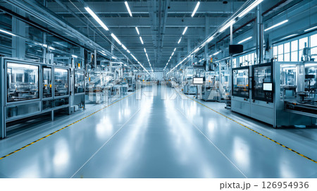 A high-tech factory floor with automated machines, production lines, bright LED lighting, yellow safety markings, and a clean, organized environment focused on precision and efficiency. 126954936