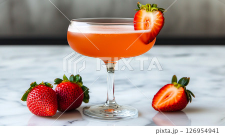 Strawberry daiquiri cocktail with fresh strawberry garnish in a coupe glass on marble background 126954941