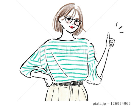 親指でいいね、グッドするメガネのボブヘア女性 126954963