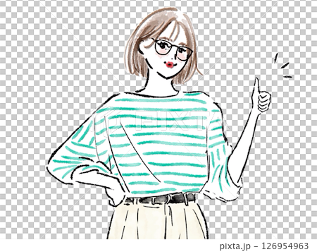 親指でいいね、グッドするメガネのボブヘア女性 126954963