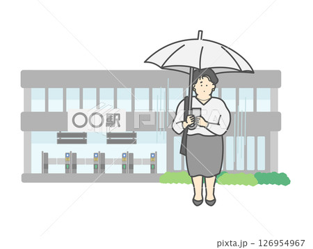 傘をさしながらスマホを操作する女性  駅  建物  イラスト 126954967