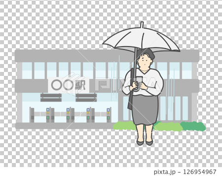 傘をさしながらスマホを操作する女性  駅  建物  イラスト 126954967