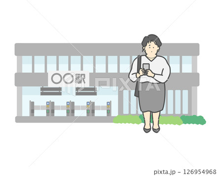 スマホを操作する女性  駅  建物  イラスト 126954968