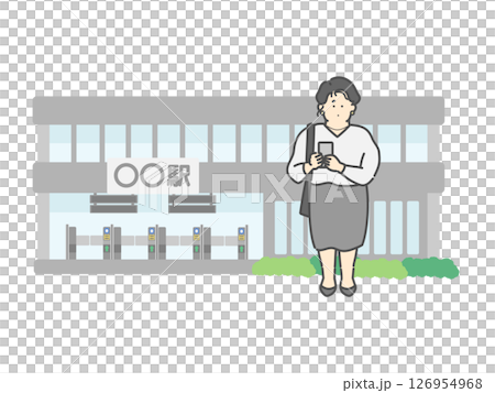 スマホを操作する女性  駅  建物  イラスト 126954968