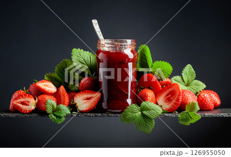 Strawberry jam and fresh berries on a black background. Strawberry jam and fresh berries on a black background. 126955050
