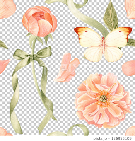 Peonies, butterfly, petals, and green ribbon watercolor seamless pattern on white. Hand-painted in soft pastel tones. Ideal for wedding stationery, branding, textiles, packaging, feminine design 126955109