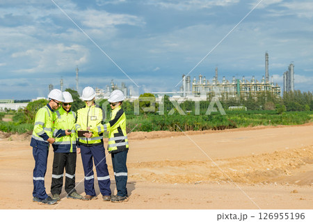 Engineer team project planning outdoor survey team, industry factory construction site. teamwork meeting . cooperation workers 126955196