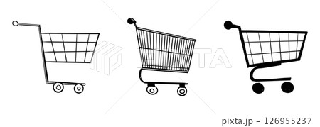 Shopping cart empty trolley doodle, supermarket basket, bag, net shopper simple line. Craft bag, trade icon set, sketch grocery shopping. 126955237