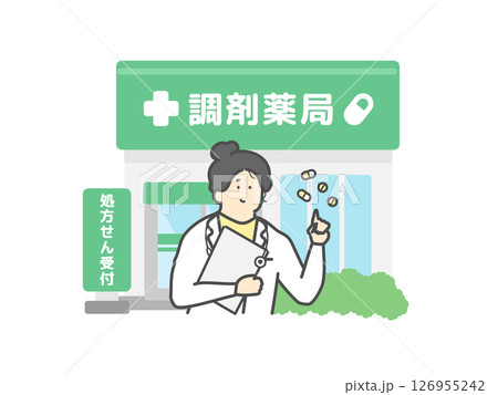 薬の説明をする女性薬剤師  調剤薬局  建物  イラスト 126955242