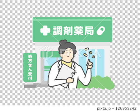 薬の説明をする女性薬剤師  調剤薬局  建物  イラスト 126955242