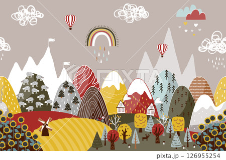 Cute seamless border pattern with doodle hand drawn mountains and fields landscape. Creative children texture for kids fabrics, decor, wallpapers. Modern cartoon style vector illustration. 126955254