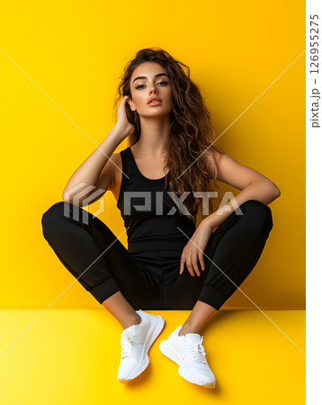 young athletic girl sitting in sportswear with folded hands on bright background. full view 126955275
