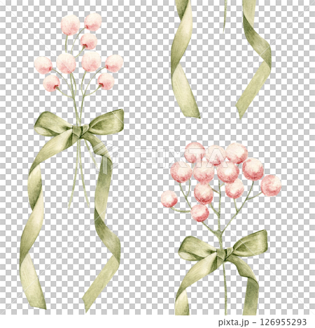 Pink berries tied with green satin bows, loose ribbons. Seamless watercolor pattern, hand-painted. Perfect for gift wrap, branding, wedding decor, fabric, packaging, and creative design projects 126955293