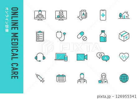 オンライン診療の線画アイコン20点セット 126955341