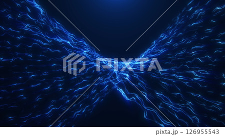Dynamic blue electric waves forming energetic tunnel. Ideal for technology, science, and digital backgrounds with futuristic atmosphere. 126955543