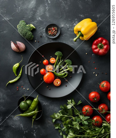 Fresh vegetables arranged on a dark plate 126955605