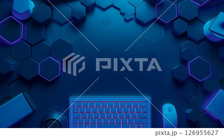 Futuristic gaming configuration with hexagonal design, blue background 126955627