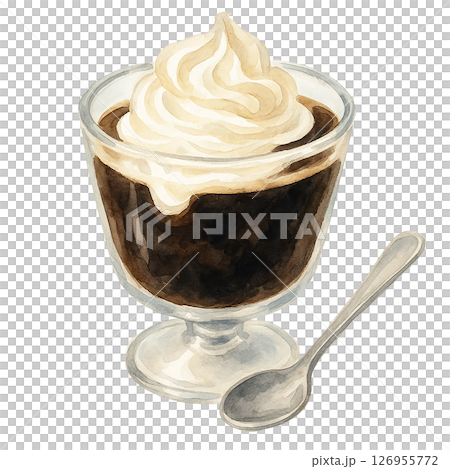 ホイップクリームのせコーヒーゼリーの水彩イラスト素材 126955772