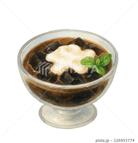 クリームとミントを添えた角切りコーヒーゼリーの水彩イラスト素材 126955774
