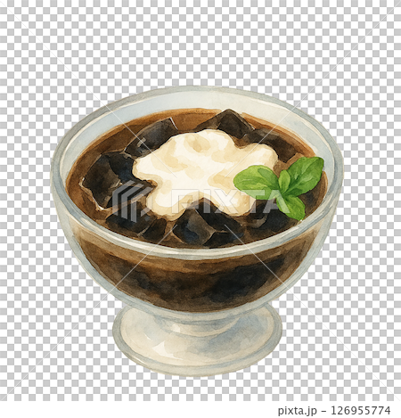 クリームとミントを添えた角切りコーヒーゼリーの水彩イラスト素材 126955774