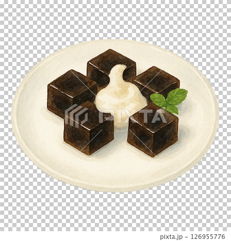 Watercolor illustration of cubed coffee jelly and whipped cream served on a white plate 126955776