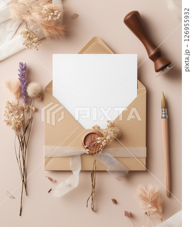 Elegant invitation with wax seal and flowers 126955932