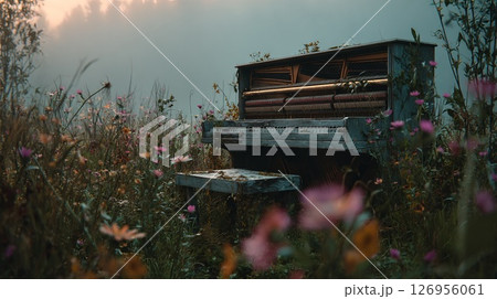 An old, weathered piano sits amidst a field of colorful wildflowers at dawn 126956061