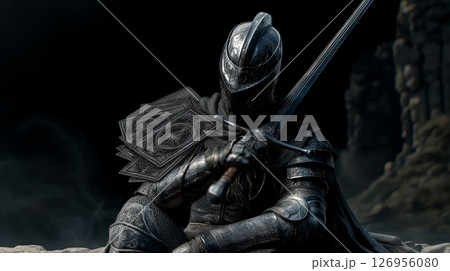 Knight resting with sword and cards Knight resting with sword and cards 126956080