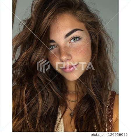 Young woman with wavy brown hair 126956083