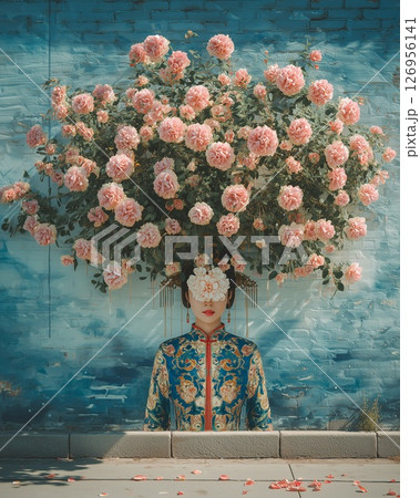 Image of a painting on the wall of a woman with flowers instead of hair 126956141