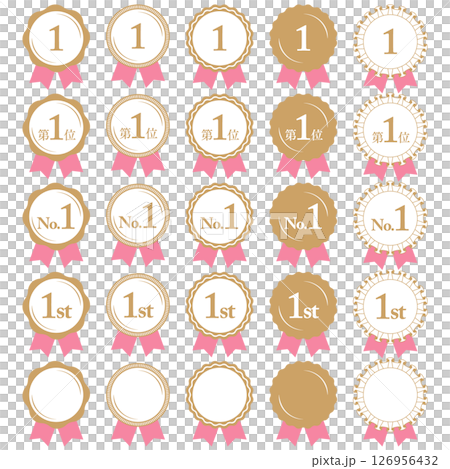 Ranking No. 1 Medal and ribbon rank icon set No.1 Pink Peach color 126956432