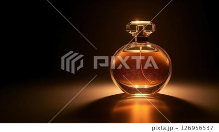 A sleek perfume bottle bathed in golden radiance, crafted for high-end visual marketing 126956537
