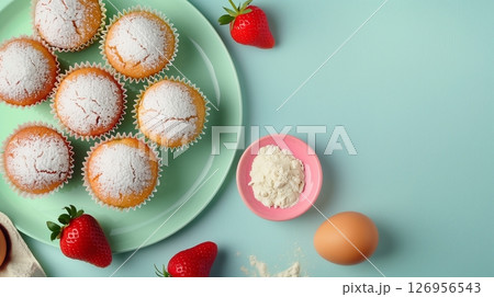 Gluten free muffin strawberry fruit and flour healthy snack flat lay view on pastel background 126956543