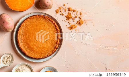 Top of view sweet potato flour cake on plate gluten free healthy snack food 126956549