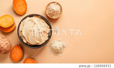 Top of view sweet potato flour cream on plate gluten free healthy snack food 126956551
