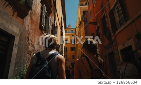 Tourists exploring narrow streets of Rome Tourists exploring narrow streets of Rome 126956634