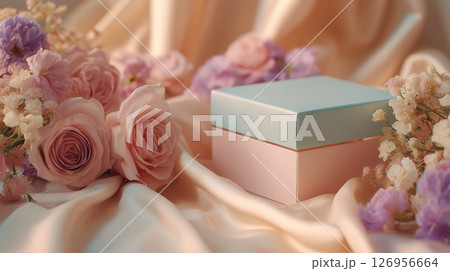 Pastel gift box with elegant flower arrangement 126956664