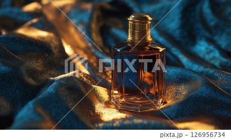 Luxurious amber perfume on silky blue fabric, advertising concept 126956734