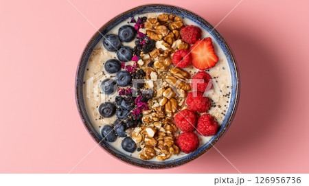 Colorful oatmeal with berries and nuts, healthy eating concept 126956736