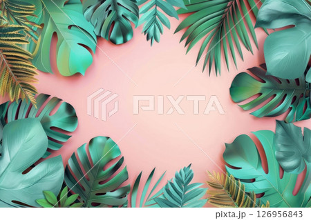Tropical delight. Lush green leaves frame a soft pink backdrop, creating a soothing contrast 126956843